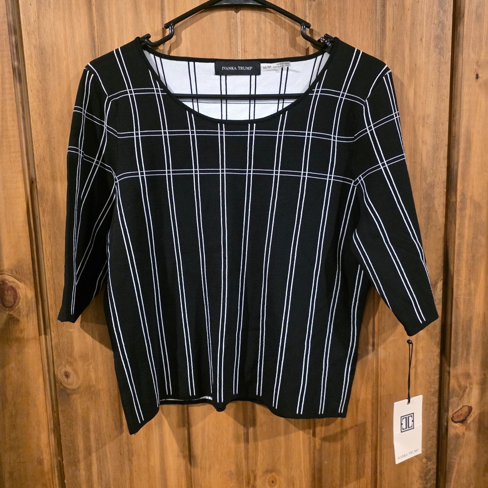 NWT Ivanka Trump Top Womens M Black White Windowpane Check 3/4 Sleeve Classic